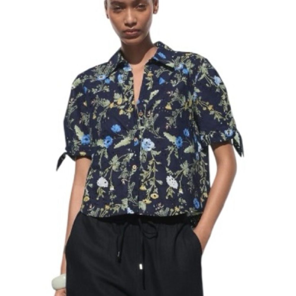 Zara Navy Blue Embroidered Eyelet Tie Puff Sleeve Button Down Blouse - M